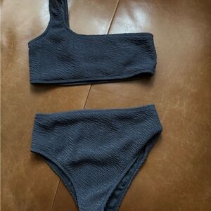 TJ Swim One-Shoulder Textured Bikini Set in Dark Gray